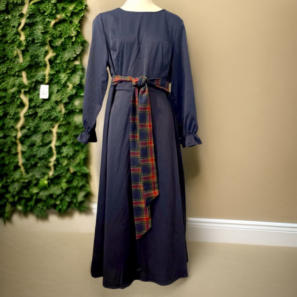 Bloomchic plaid belted cinched waist, long sleeve elastic ruffle wrist dress - Picture 3 of 11